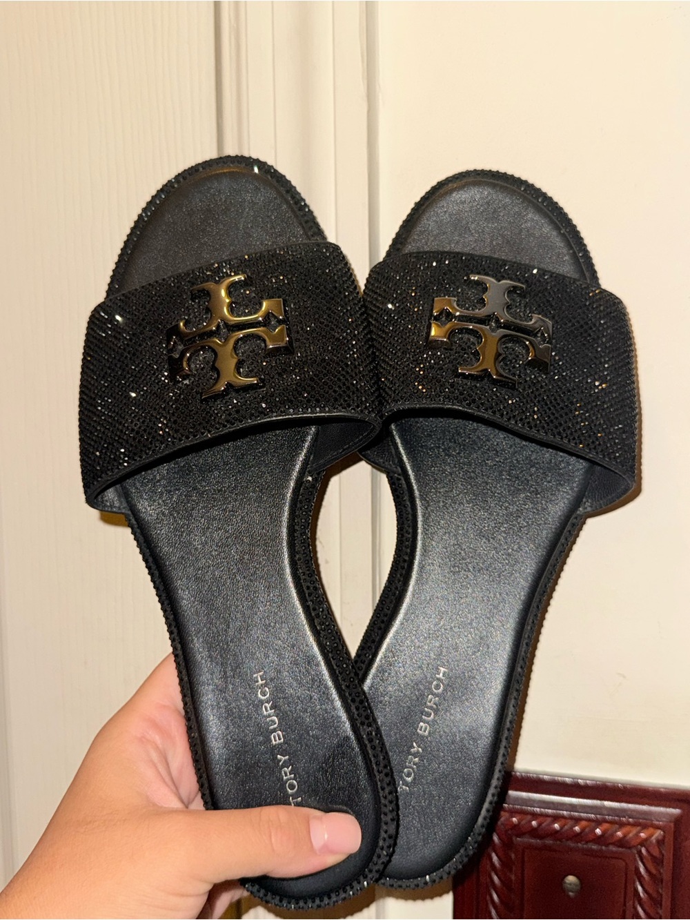 Tory Burch Black Crystal Logo Slide Sandals